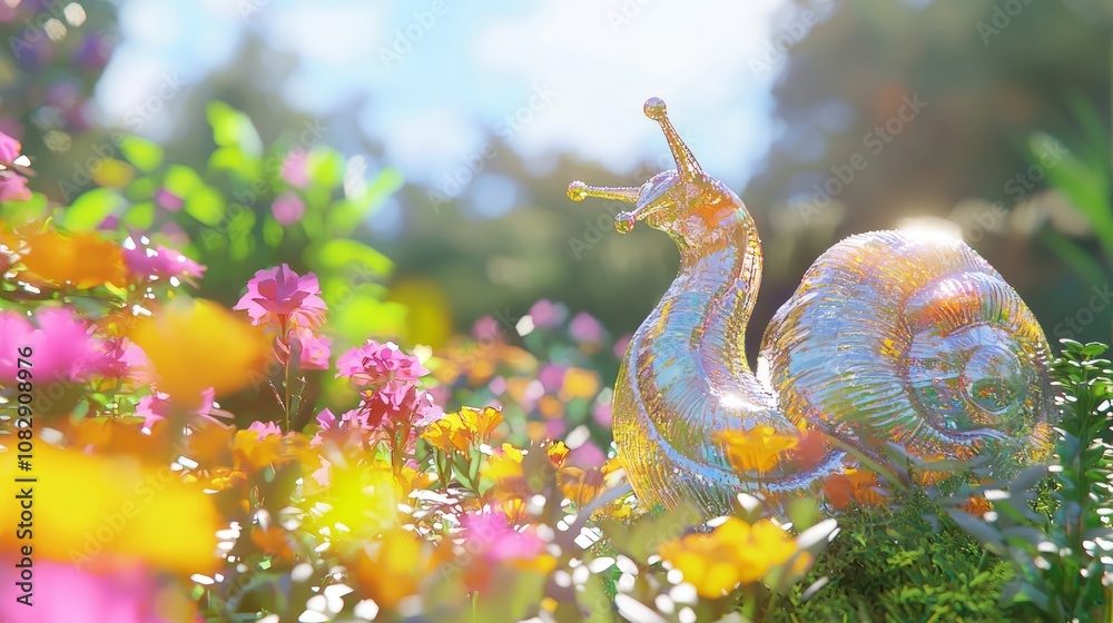Fototapeta premium Enchanting 3D Render: Whimsical Snail Statue Among Vibrant Flowers in Sunny Recycled Garden