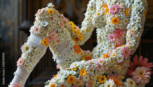 figure of a female statue made of flowers sitting in warm socks, legs in front