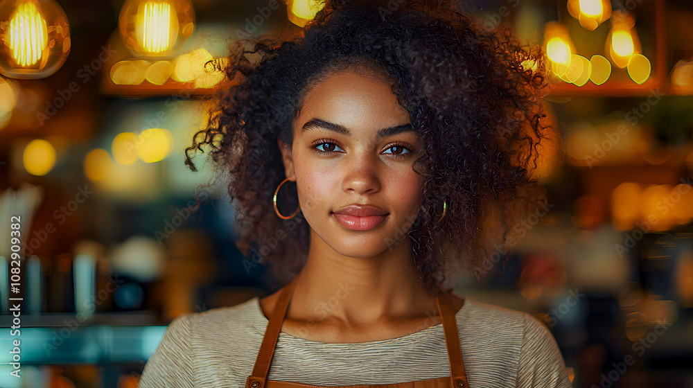 Young woman with natural curls and warm expression. Modern lifestyle, ambient lighting, casual style Young woman with natural curls and warm expression. Modern lifestyle, ambient lighting, casual style