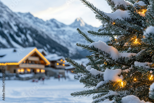 Winter landscape with a snow covered pine tree with garland and a small mountain town in the background photo