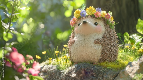 Enchanting 3D Render of Colorful Hedgehog Statue with Flower Crown in Sunny Garden