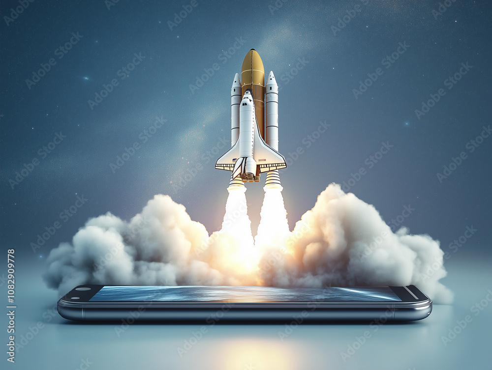 Naklejka premium Rakete startet aus Smartphone mit Wolken im Hintergrund