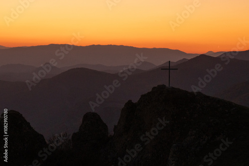 Landscape distant outline of mountains at sunset in Georgia, wallpaper background