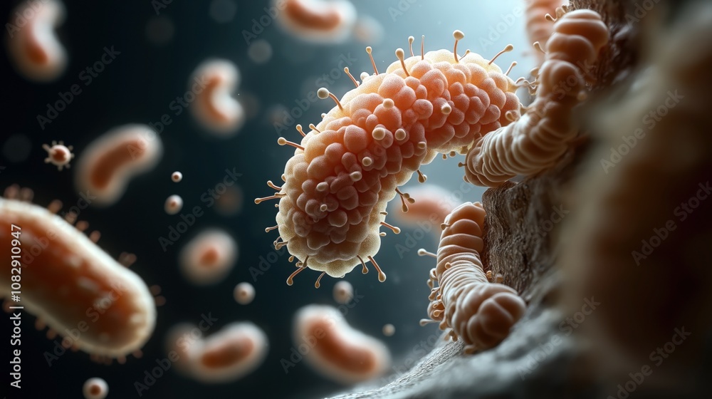 Close-up of microscopic bacteria with spiky appendages floating in a dark environment, showcasing detailed cellular structures and organic shapes for scientific visualization. Close-up of microscopic bacteria with spiky appendages floating in a dark environment, showcasing detailed cellular structures and organic shapes for scientific visualization.