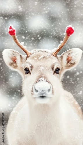 A reindeer with red antlers looks directly at the camera in a snowy forest.