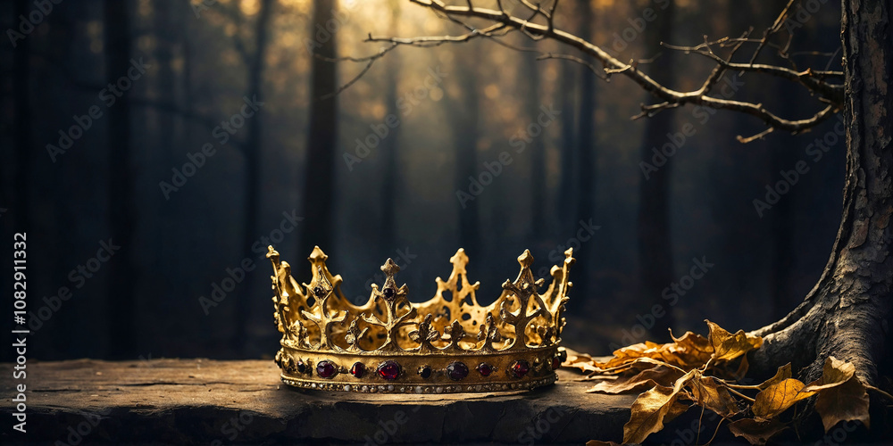 Naklejka premium low key banner of beautiful queen or king crown over moss in front of dark forest background. fantasy medieval period