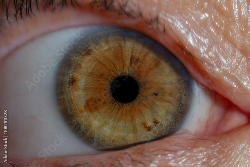 Macro close-up of a human eye with a light brown iris and dark brown spots, showcasing stunning details and natural texture...