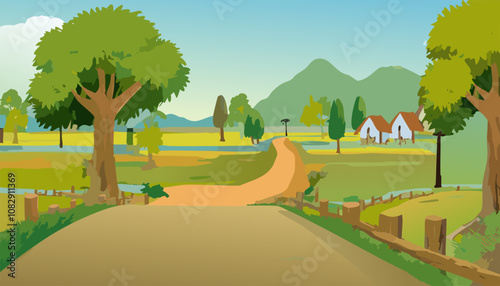 Countryside landscape. Vector illustration of a rural landscape with a country house.