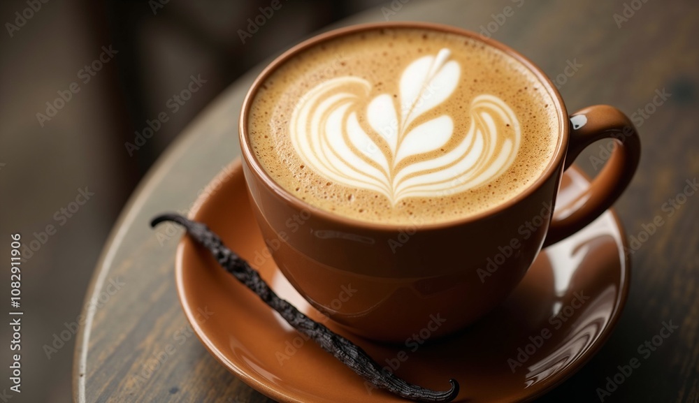 Latte art coffee with vanilla bean on rustic table Latte art coffee with vanilla bean on rustic table