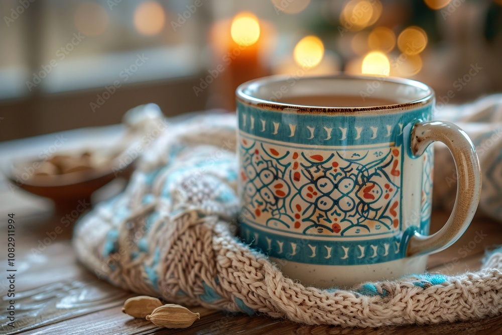 A decorative mug filled with a warm drink rests on a cozy knitted blanket, surrounded by soft lighting and candle glow, creating a serene atmosphere for a winter afternoon A decorative mug filled with a warm drink rests on a cozy knitted blanket, surrounded by soft lighting and candle glow, creating a serene atmosphere for a winter afternoon