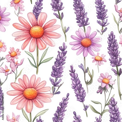 This seamless pattern features watercolor hand-drawn flowers in vibrant colors. Stock illustration.