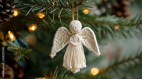 A handcrafted macrame angel ornament adorns a Christmas tree, illuminated by warm lights.