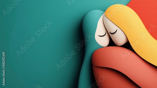 Abstract artwork of two stylized figures embracing, created with textured paper cut-out design in teal, red, yellow, and beige colors, symbolizing intimacy and connection. photo