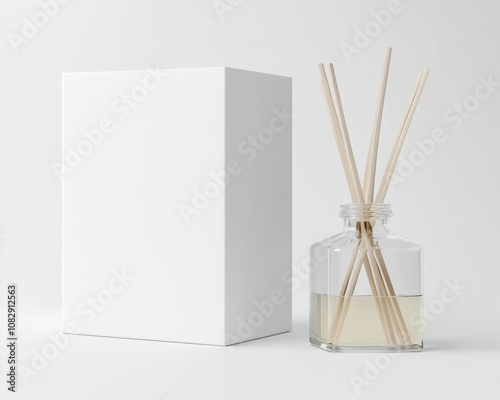 Mockup of a box next to a square diffuser on a white background. This is a product photography image.