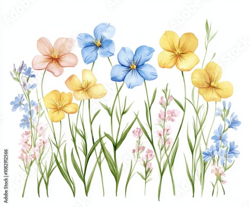 Floral set with watercolor gentle spring field flowers. Stock illustration.