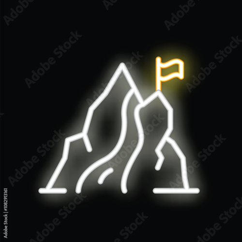 Neon sign icon of a flag waving on a mountain top symbolizing achievement and reaching goals photo