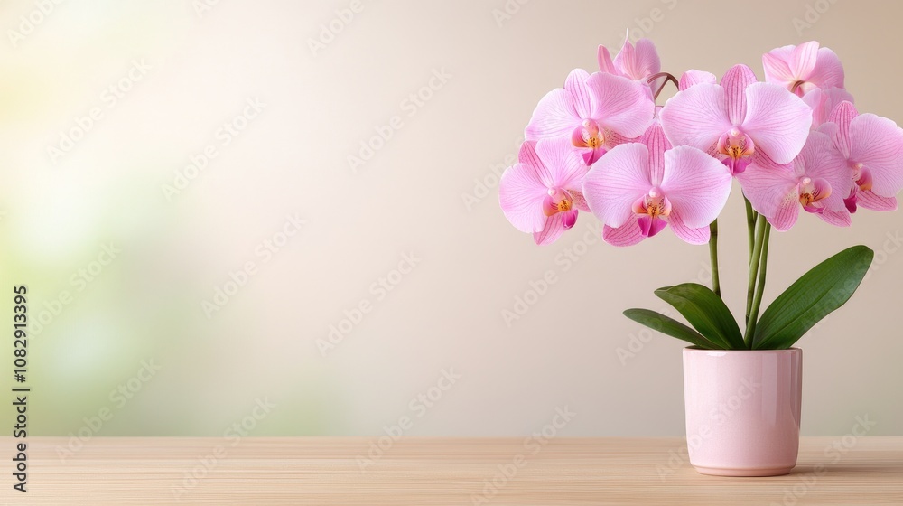 A vibrant pink orchid gracefully highlights the charm of a wooden table in a softly blurred, peaceful background A vibrant pink orchid gracefully highlights the charm of a wooden table in a softly blurred, peaceful background
