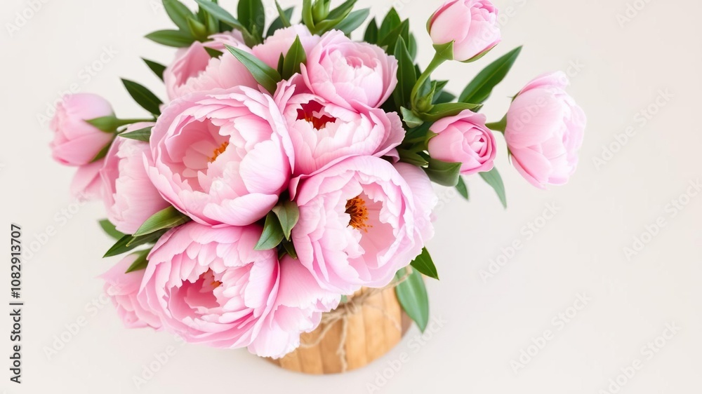 A beautiful bunch of fresh pink peonies and roses tied with a natural twine wrapped around a wooden base, florals, botanical A beautiful bunch of fresh pink peonies and roses tied with a natural twine wrapped around a wooden base, florals, botanical