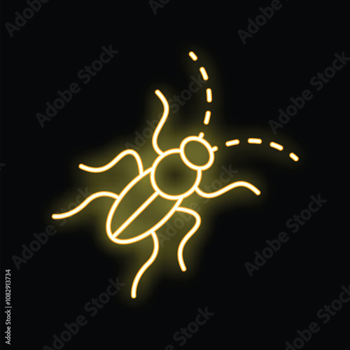 Bright yellow neon cockroach moving on a black background