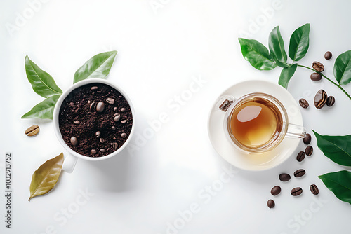 cup of coffee and cup of tea with leaves and beans, tea vs coffee, caffeine or antioxidant benefit or harm, morning beverage banner, top view, copy space, world international tea coffee day