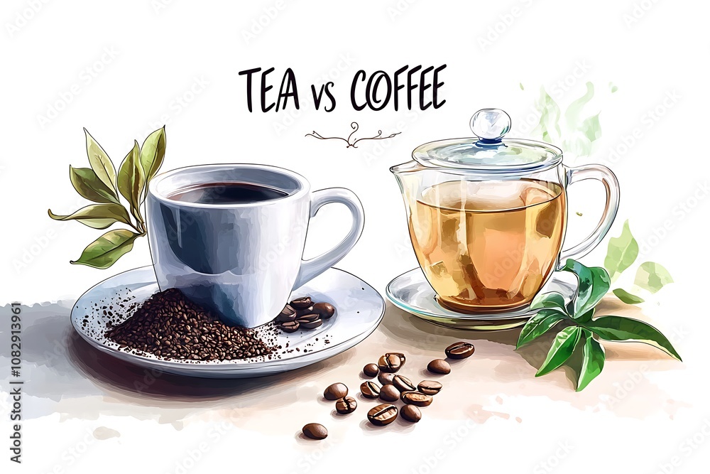 cup of coffee and cup of tea with leaves and beans, tea vs coffee, caffeine or antioxidant benefit or harm, morning beverage banner, watercolor drawing