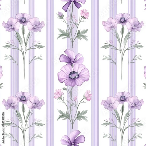 Geometric seamless pattern with watercolor vertical stripes and poppy floral bouquets with bows. Stock illustration. Wallpaper design.