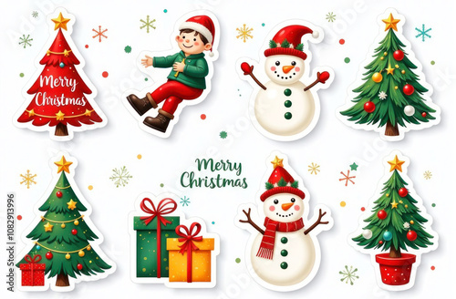 Festive stickers showcase Christmas trees, happy snowmen, and a playful child amidst gifts and decorations