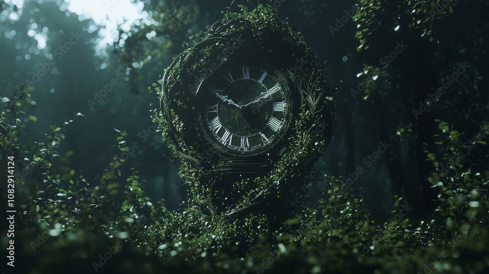 Enigmatic Timepiece: Surreal Clock Statue Among Nature's Embrace | 3D Render Mystical Woodland Artwork Enigmatic Timepiece: Surreal Clock Statue Among Nature's Embrace | 3D Render Mystical Woodland Artwork