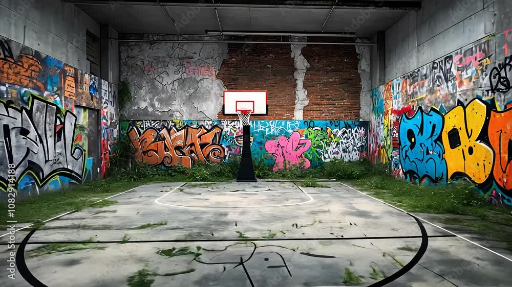  Urban Basketball Court with Colorful Graffiti Walls