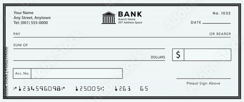 Blank bank cheque. Personal desk check template with empty field to fill.