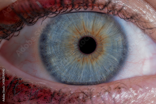 Macro close-up of a human eye with a striking blue iris and a yellow center, featuring visible eyelashes and intricate details...