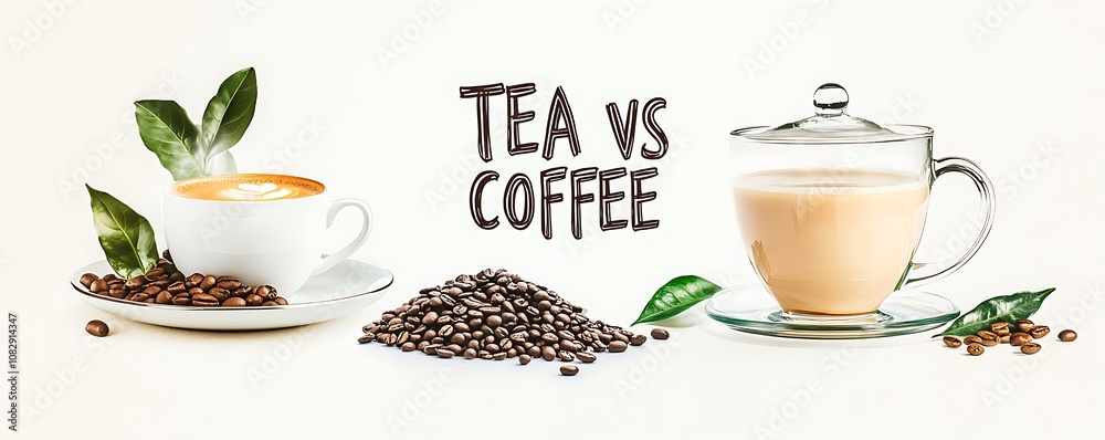 Obraz premium cup of coffee and cup of tea with leaves and beans, tea vs coffee, caffeine or antioxidant benefit or harm, morning beverage banner, lettering