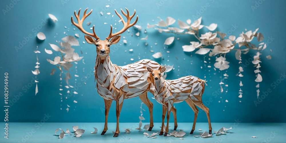 Obraz premium Abstract scene of paper deer in magical paper winter world