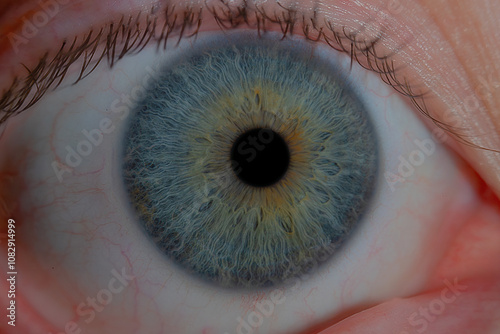 Macro close-up of a human eye with a striking blue iris, yellow center, and a unique pattern, featuring visible eyelashes and intricate details...