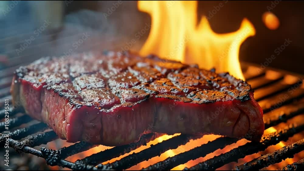 Thick-cut ribeye steak sizzling over open flames, with grill marks and a smoky char, seasoned with coarse salt and cracked pepper.