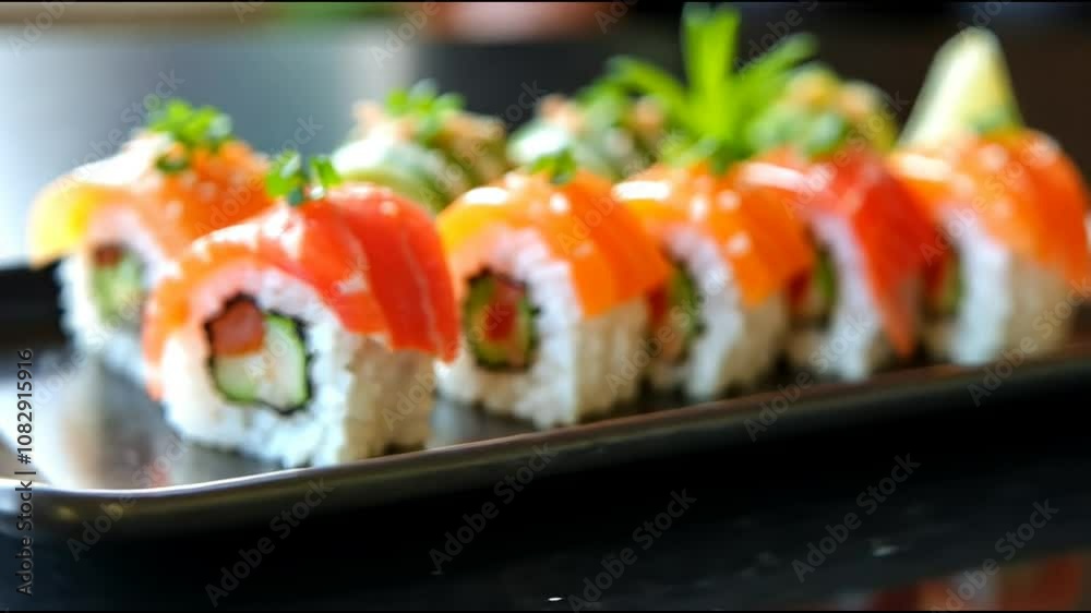 Vibrant sushi rolls on a sleek black plate, close-up of glistening fish and fresh vegetables Vibrant sushi rolls on a sleek black plate, close-up of glistening fish and fresh vegetables