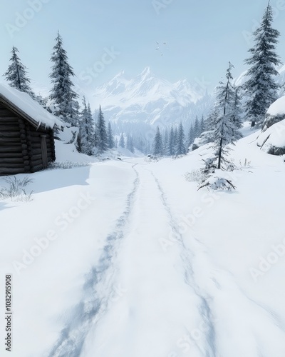 A snow-covered path leads through a wintery forest towards a distant mountain range, with a small wooden cabin in the foreground.