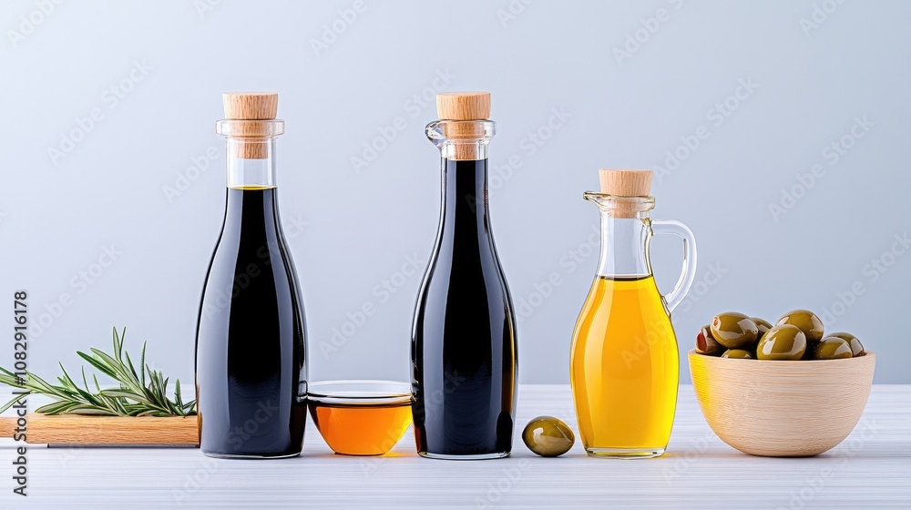 Rustic kitchen display featuring elegant bottles of olive oil and balsamic vinegar alongside fresh olives and rosemary, ideal for culinary inspiration Rustic kitchen display featuring elegant bottles of olive oil and balsamic vinegar alongside fresh olives and rosemary, ideal for culinary inspiration