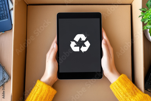 Top view to woman hands holding digital tablet with recycling sign on screen. Used gadgets for reuse, refurbishing, recycling, upcycling, donation. E-waste management, sustainable lifestyle photo