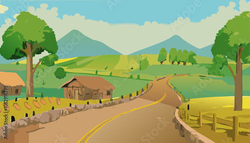 Countryside road with a village in the background. Vector illustration.