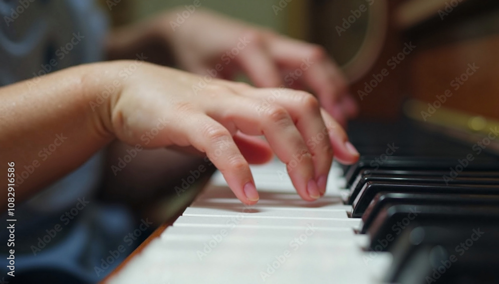 Obraz premium Delicate fingers dance gracefully over piano keys in a cozy room filled with soft sunlight and warm ambiance