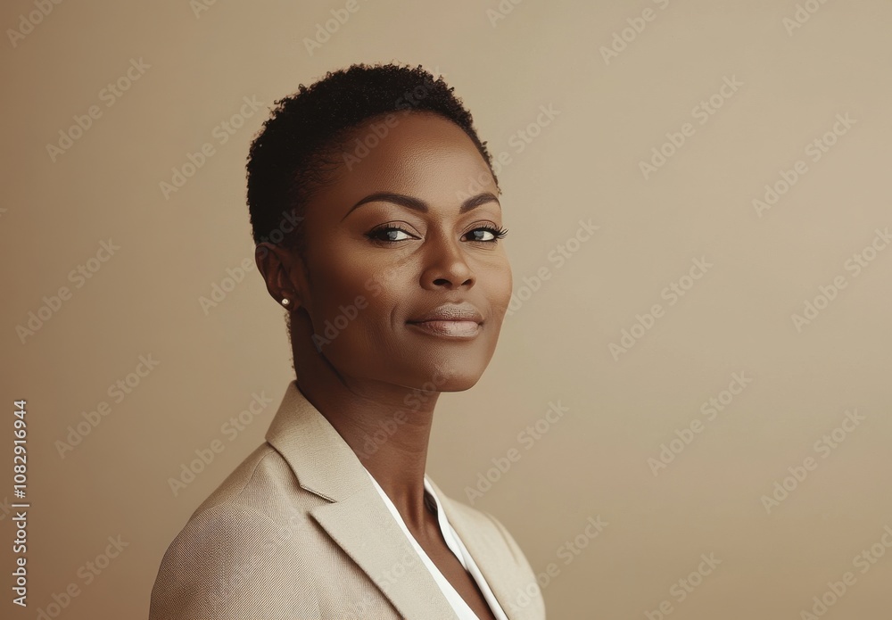 Black woman in her late thirties, with short hair in a side part and a subtle smile Black woman in her late thirties, with short hair in a side part and a subtle smile