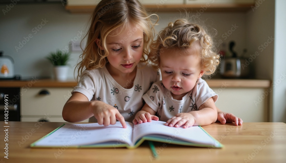 Two young siblings enjoying a shared storytime moment in a cozy kitchen during a sunny afternoon Two young siblings enjoying a shared storytime moment in a cozy kitchen during a sunny afternoon