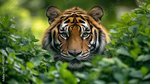 A proud Siberian tiger. Tiger in the bush
