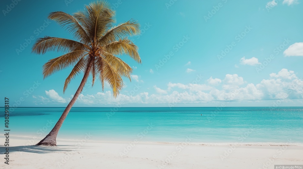 Obraz premium Freedom tropical beach background. Beautiful palm tree over white sand beach.