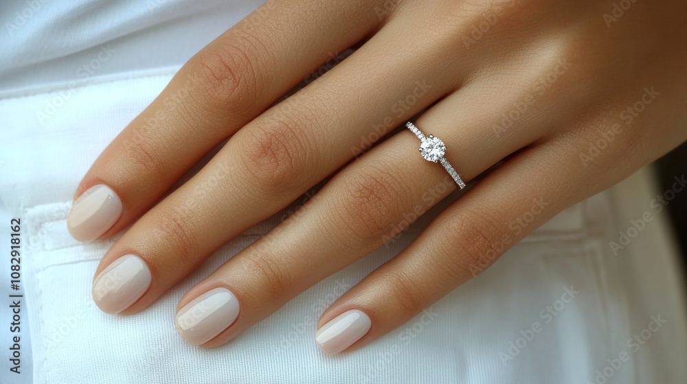 Elegant diamond ring on a womans hand with neutral colored manicure in natural light Elegant diamond ring on a womans hand with neutral colored manicure in natural light