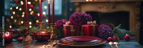 Elegant holiday dinner setup with candles, flowers, and wrapped gifts in a co...