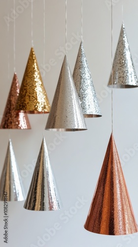 Colorful party hats arranged on a wall for a festive celebration event decora...