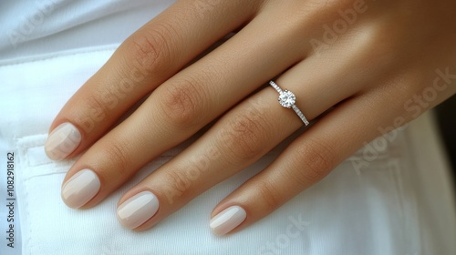 Elegant diamond ring on a womans hand with neutral colored manicure in natura...