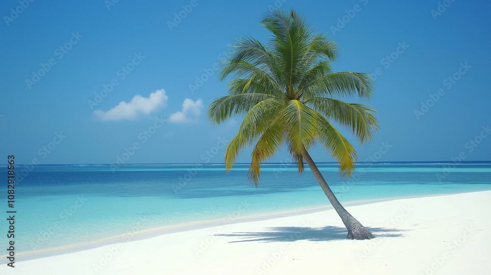 Freedom tropical beach background. Beautiful palm tree over white sand beach.